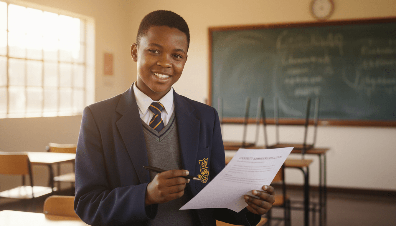 Student in school uniform holding an application form and smiling