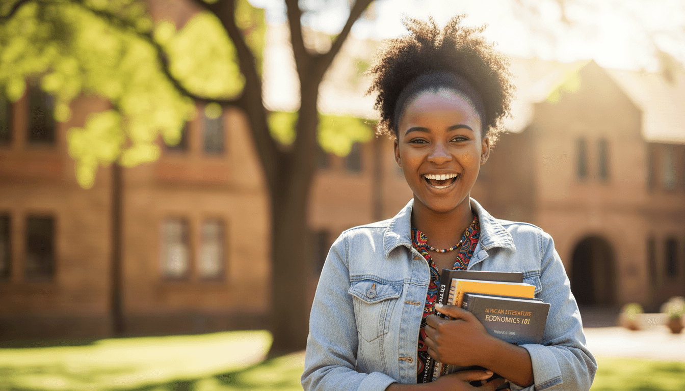 Happy young student holding books and smiling in bright natural light