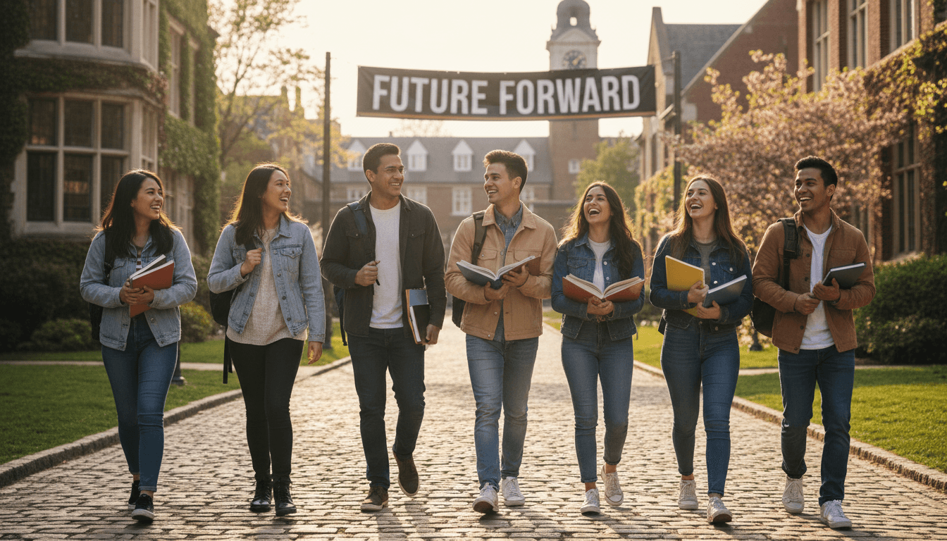 Group of happy South African students walking with books outside a university building