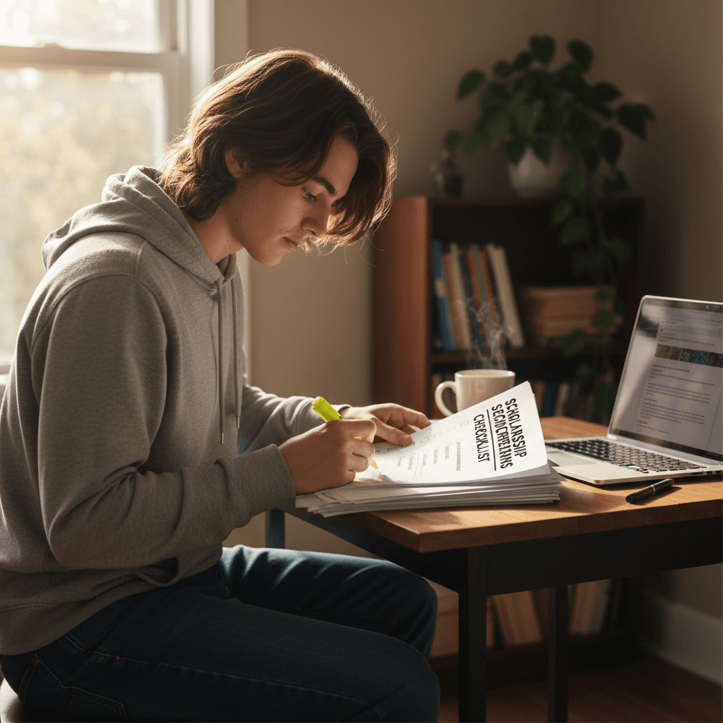A candid photo of a student in casual clothes sitting at home at a small desk with a laptop, reviewing a list of scholarship requirements printed on paper, with natural window light