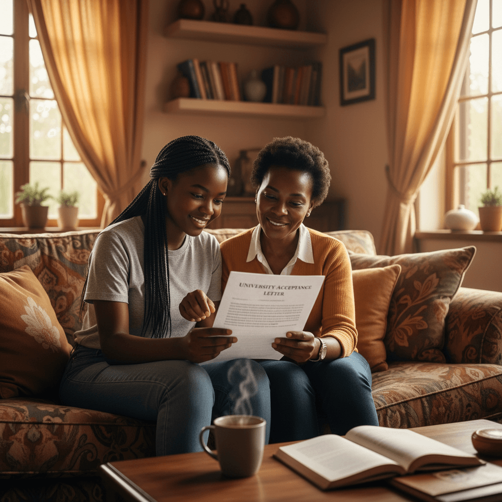 South African teenager reading a document with a parent in a warm living room