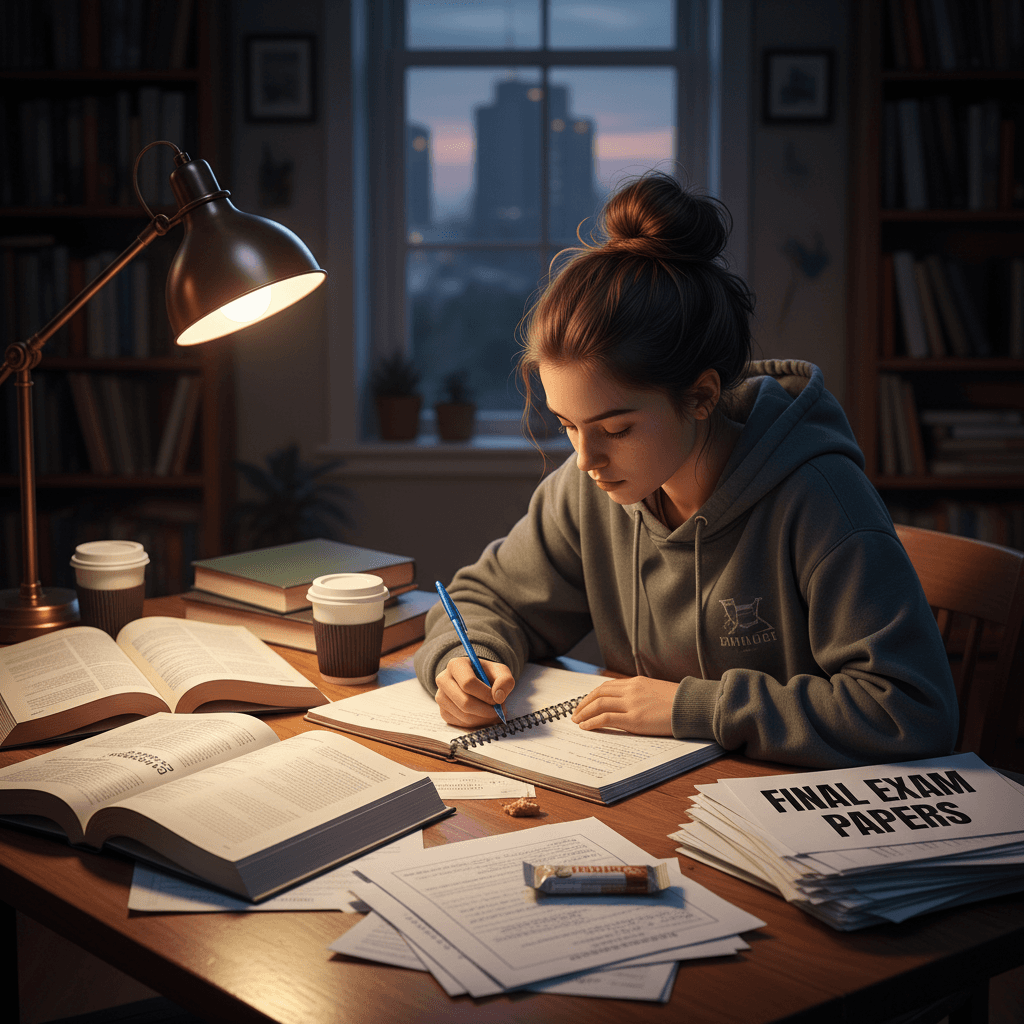 Student studying with notebook and past exam papers at desk