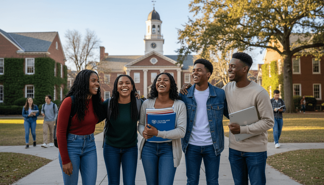 Young South African students smiling together on campus holding books and folders