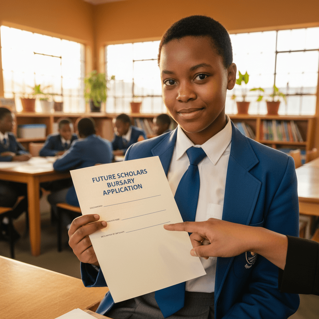 A warm documentary-style photo of a South African student in a school uniform holding a bursary application form, looking hopeful, with a mentor's hand pointing at a line on the document, in a bright community centre setting