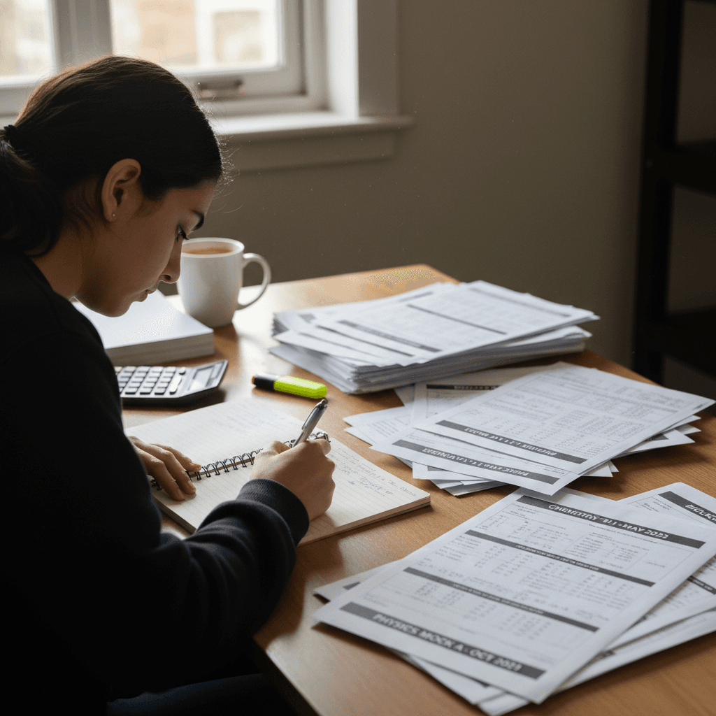 Student writing in a notebook with past exam papers nearby