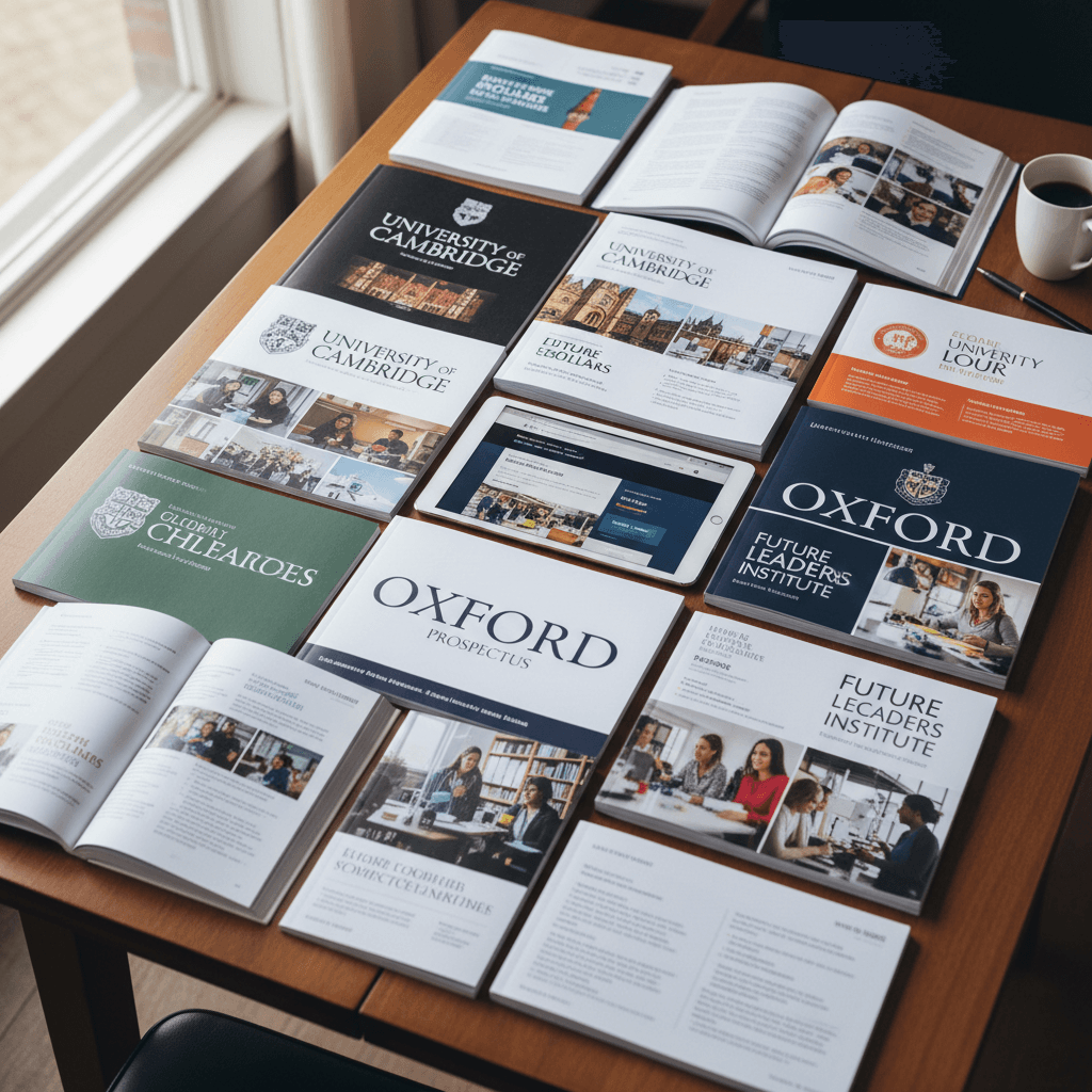 Collection of university brochures and prospectuses arranged on table