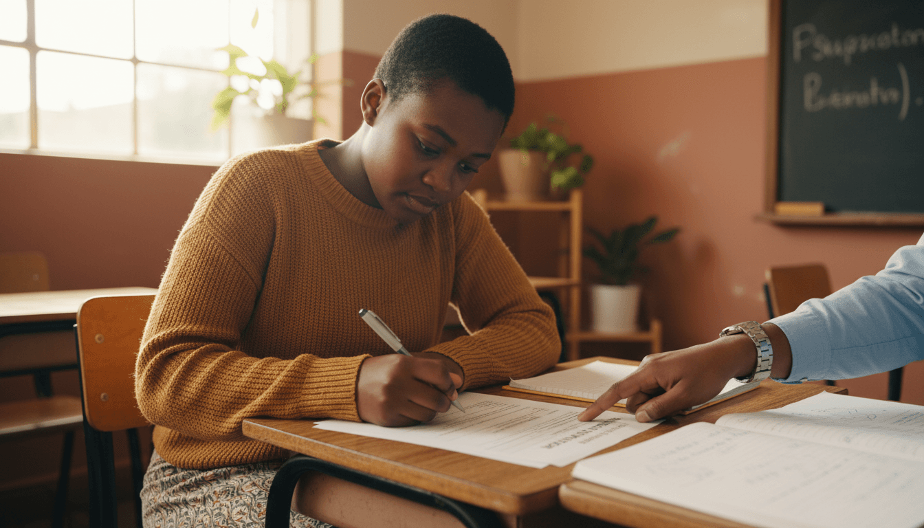 Student receiving guidance on a bursary application form from a mentor