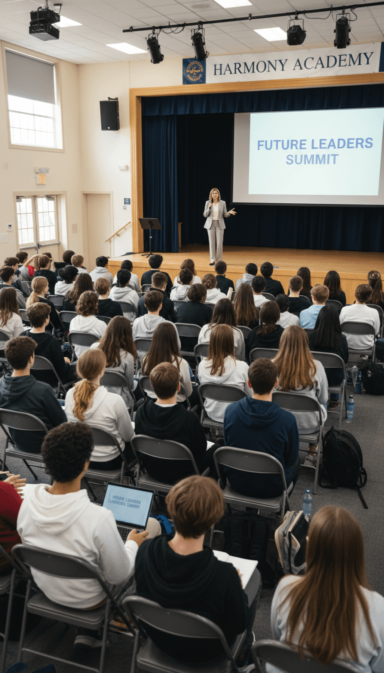 Group of students listening closely to a guest speaker in a school hall