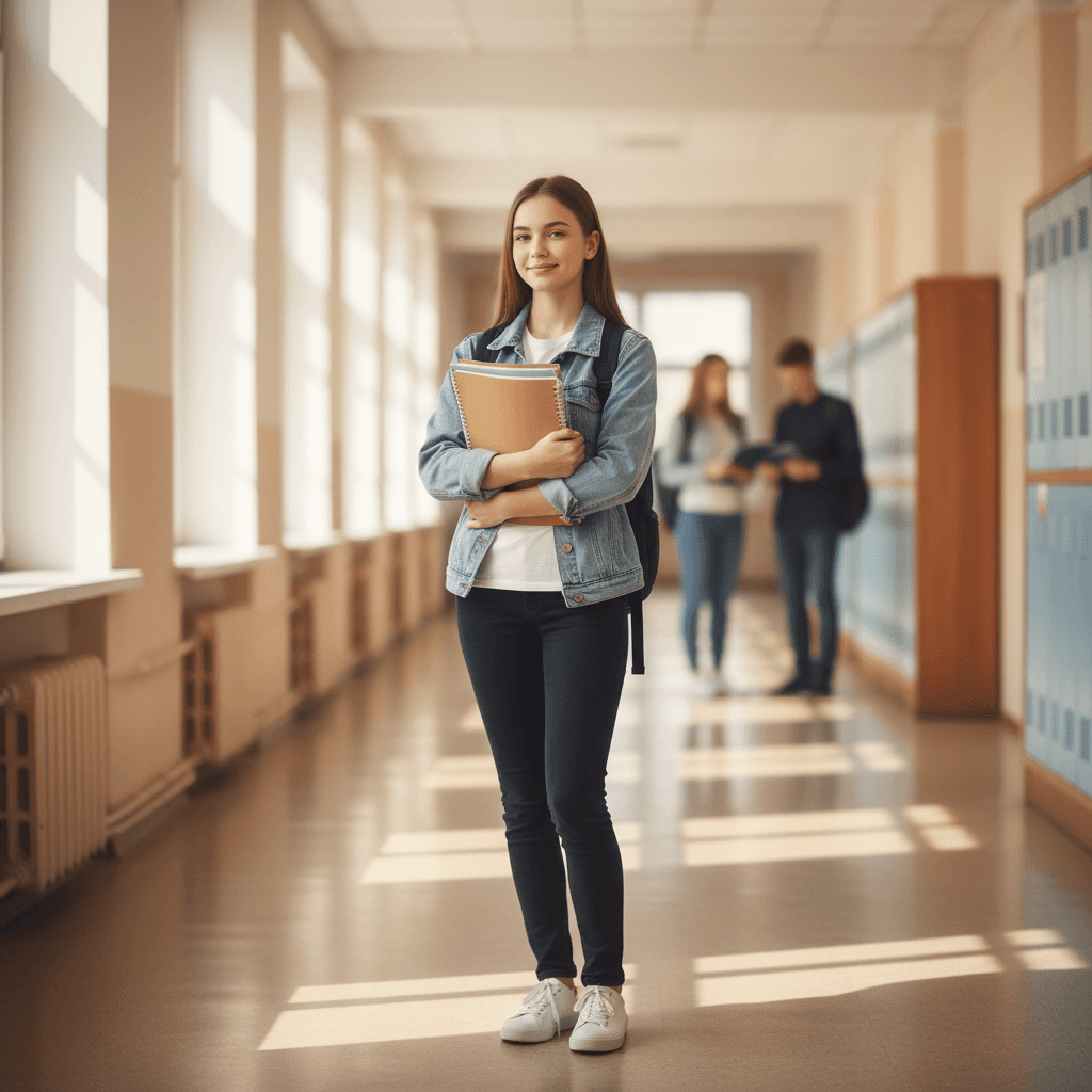 A hopeful photo of a student standing in a school hallway, holding a stack of documents, looking towards the camera with a slight smile, in soft natural light