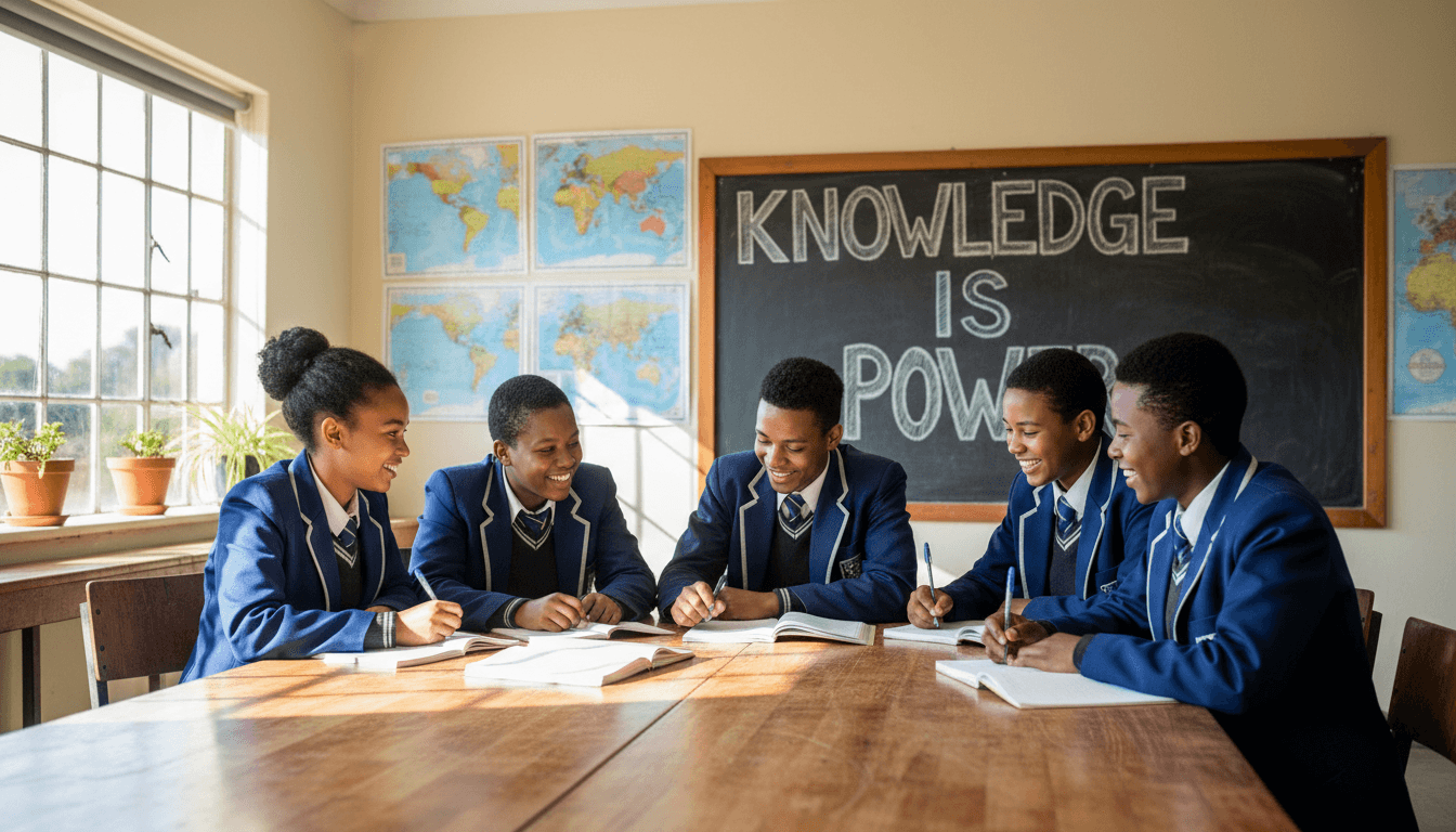 A smiling South African teenage learner holding a notebook and pen, looking hopeful in a bright classroom