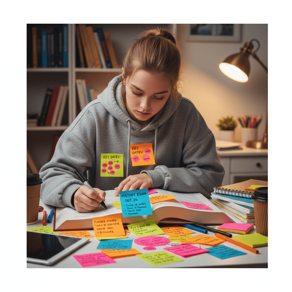 Student reviewing colorful revision notes and sticky notes