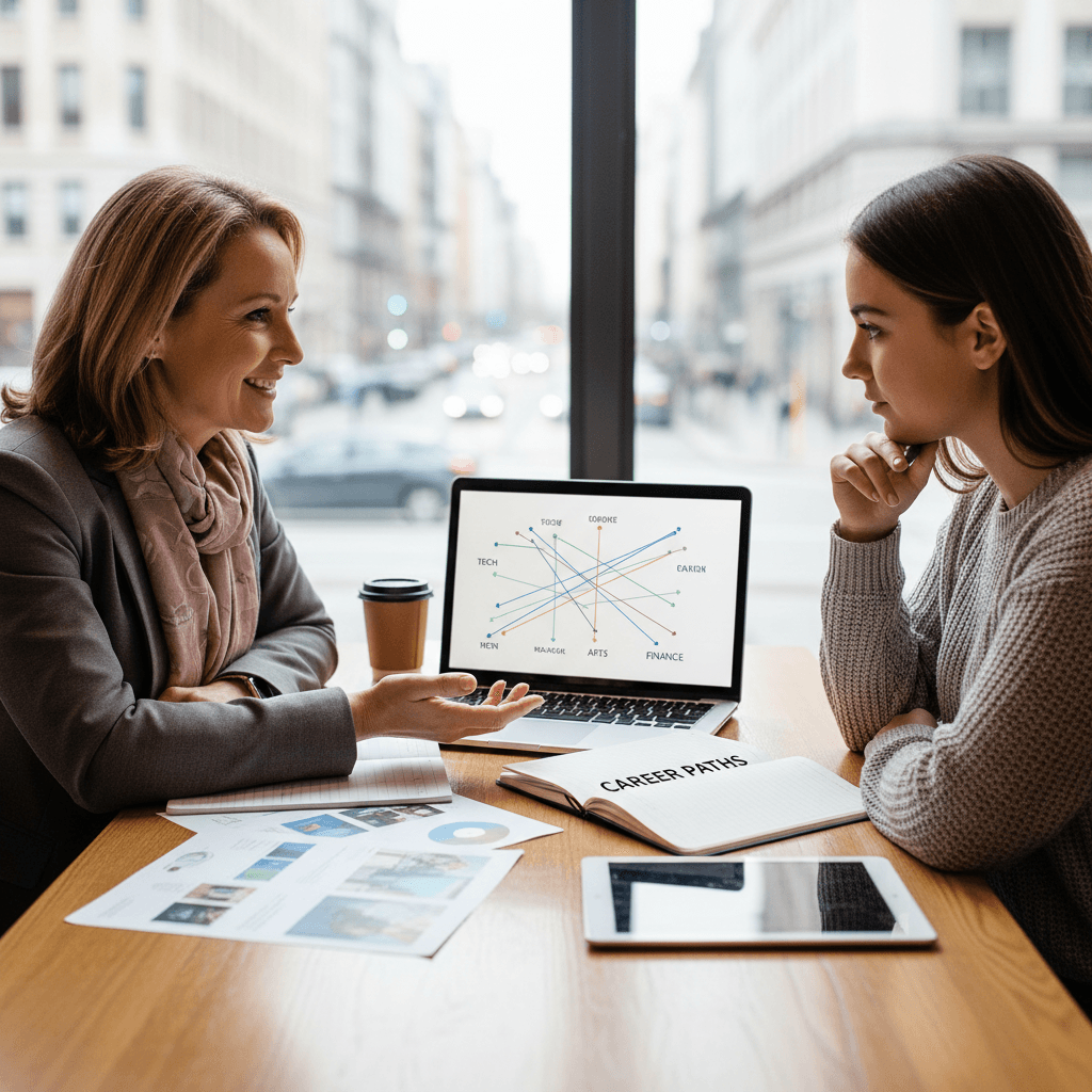 Mentor guiding student through career options at table with laptop