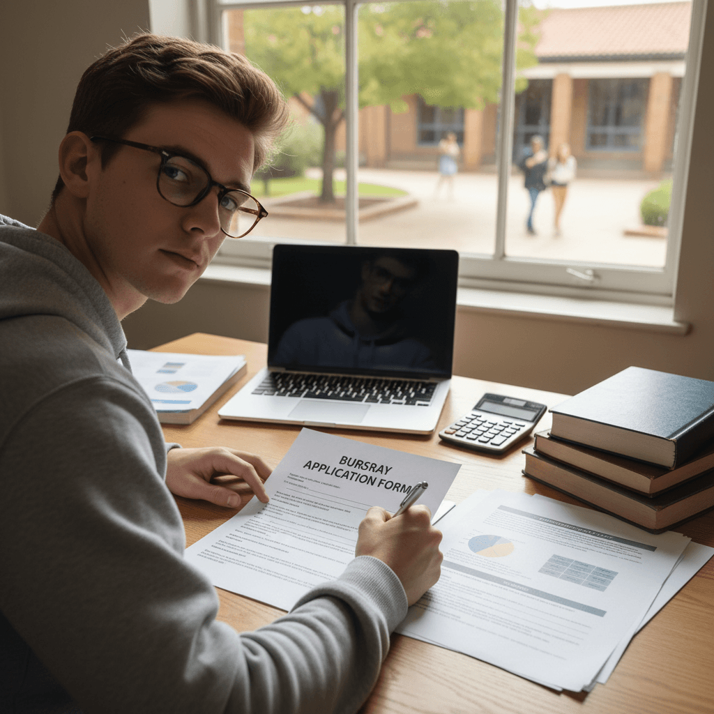 Student filling out bursary application form at desk with documents