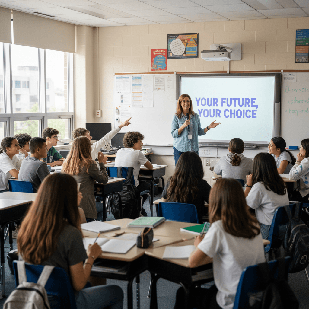 Outreach worker presenting to high school students in classroom