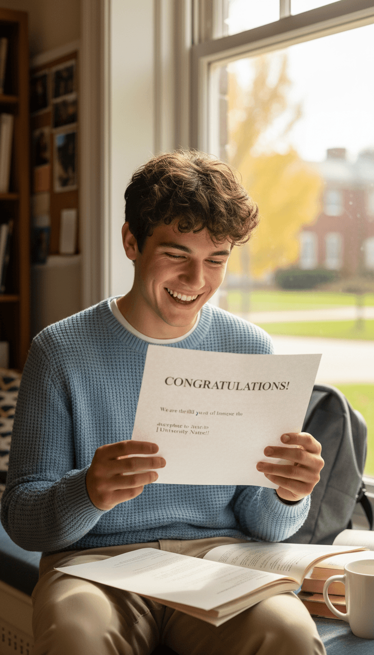 Happy student reading a university acceptance letter