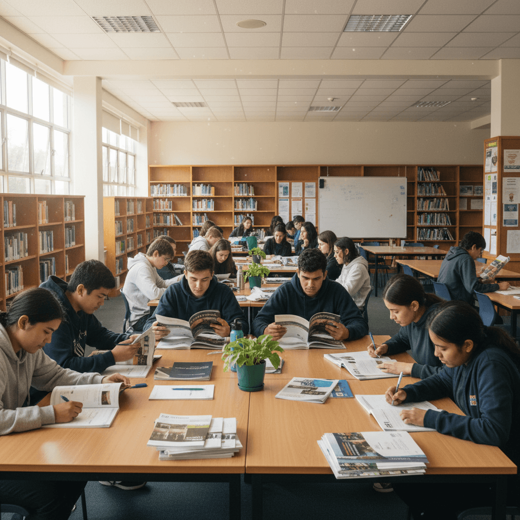 Multiple learners exploring prospectuses in a school library setting