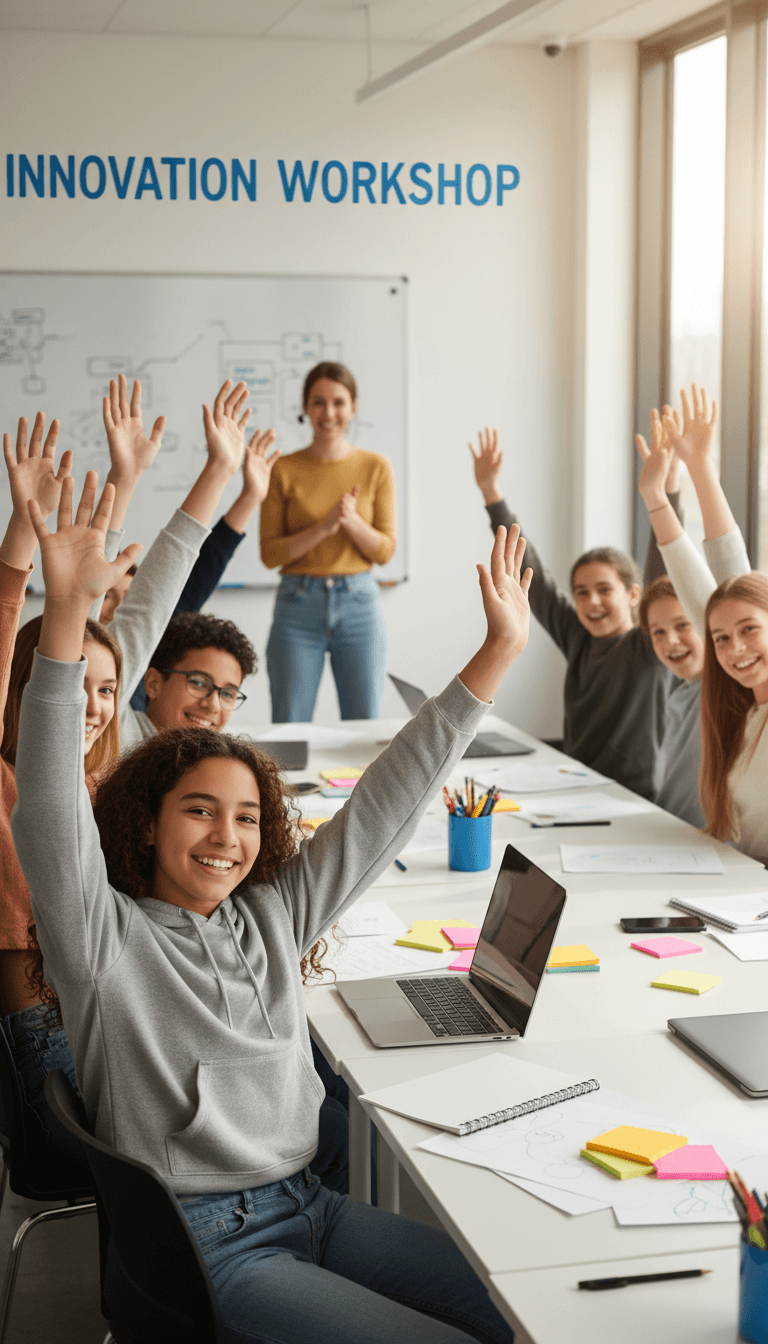 Teenage students raising hands eagerly during a school career workshop