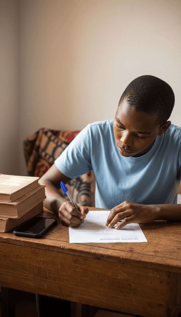 Young South African student in Mbizana focusing on a university application form