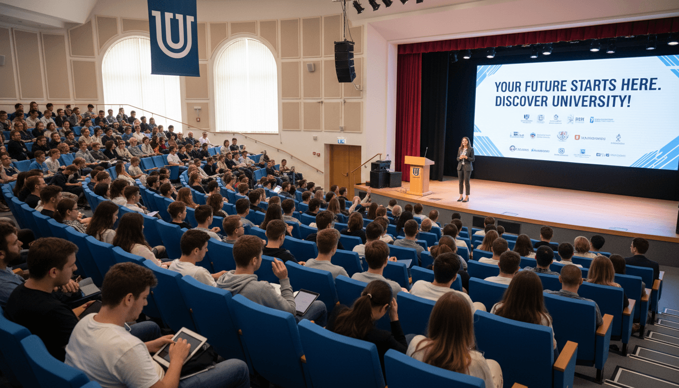 Students attending a university fair presentation in a bright auditorium