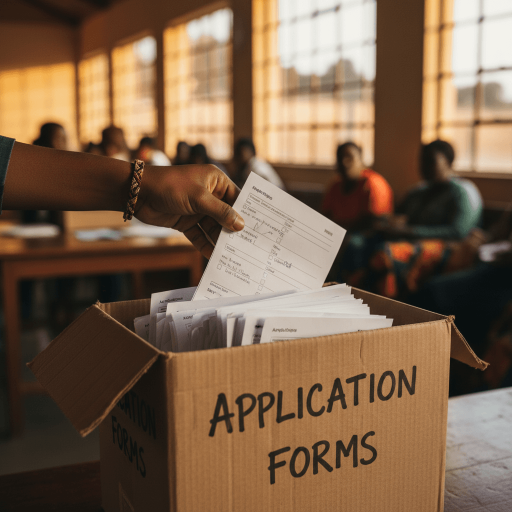 Hand placing a completed application form into a collection box