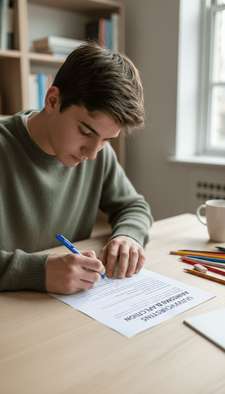 Student carefully filling out a university application form at a desk