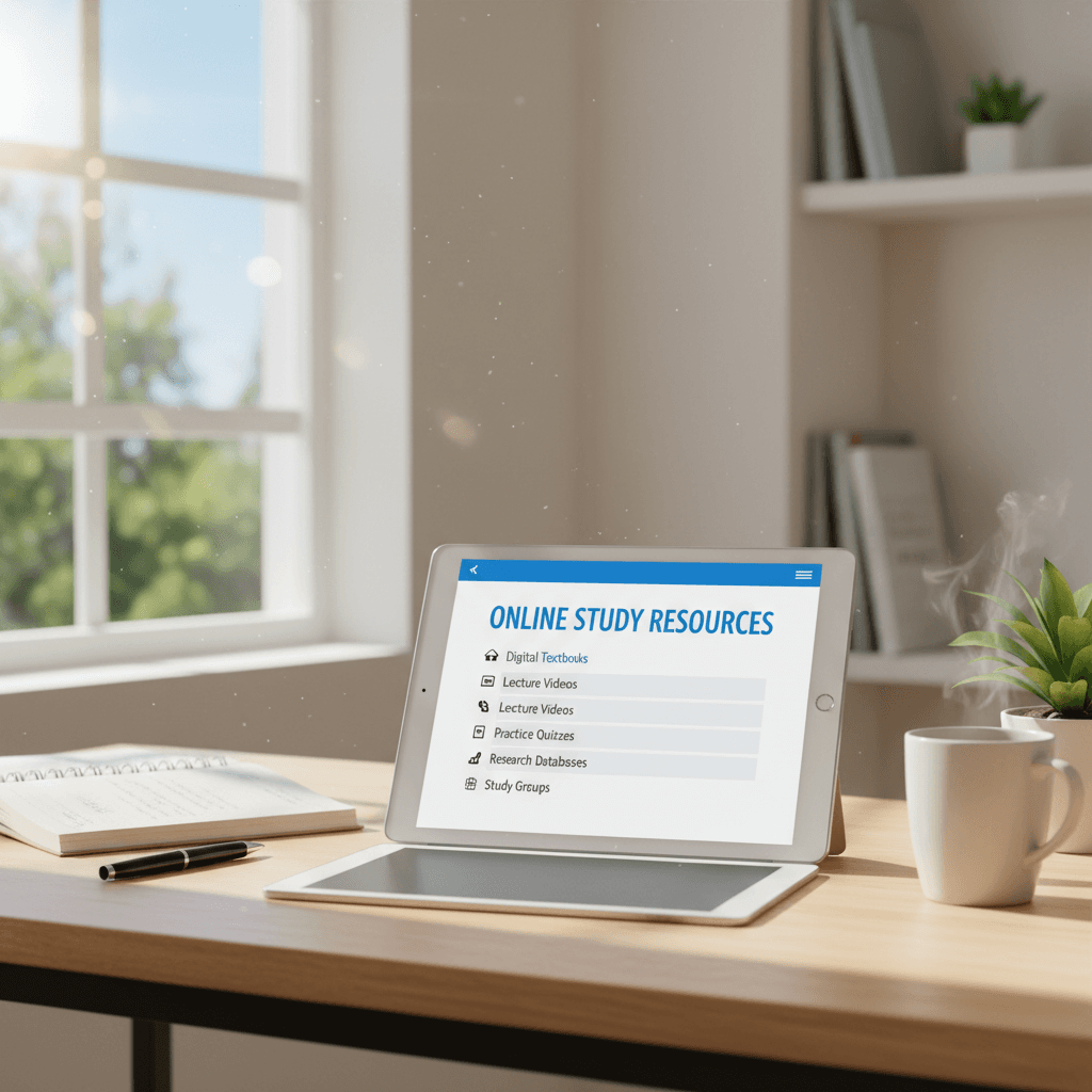 Tablet displaying online study resources in a bright study space