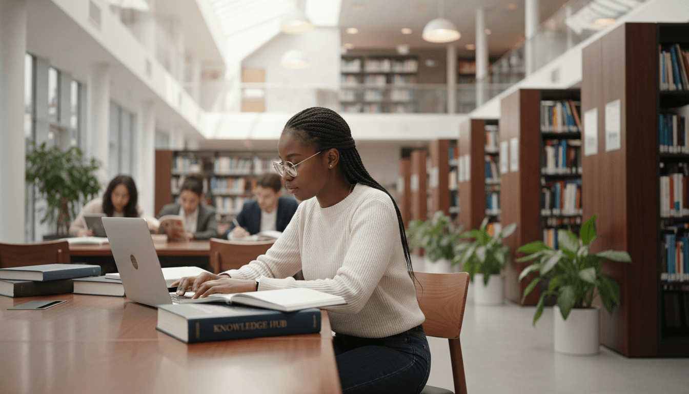 Grade 12 learner working at a desk in a bright, modern library with university textbooks and a laptop