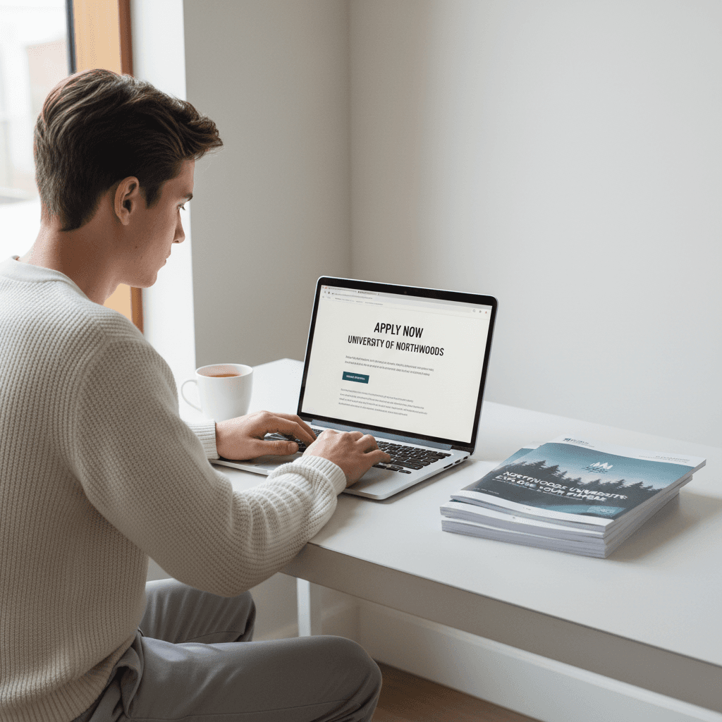 Student researching universities using both prospectuses and online resources