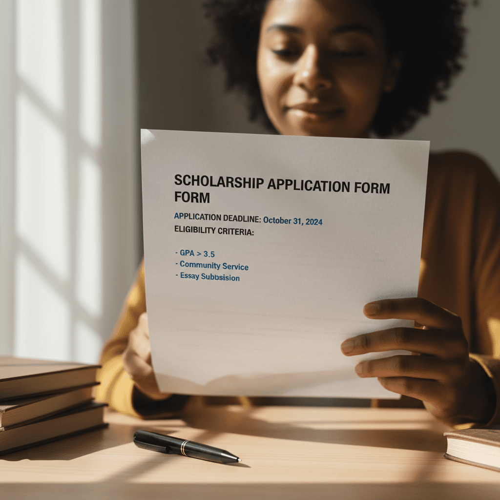Student reviewing a scholarship application form with focus on details