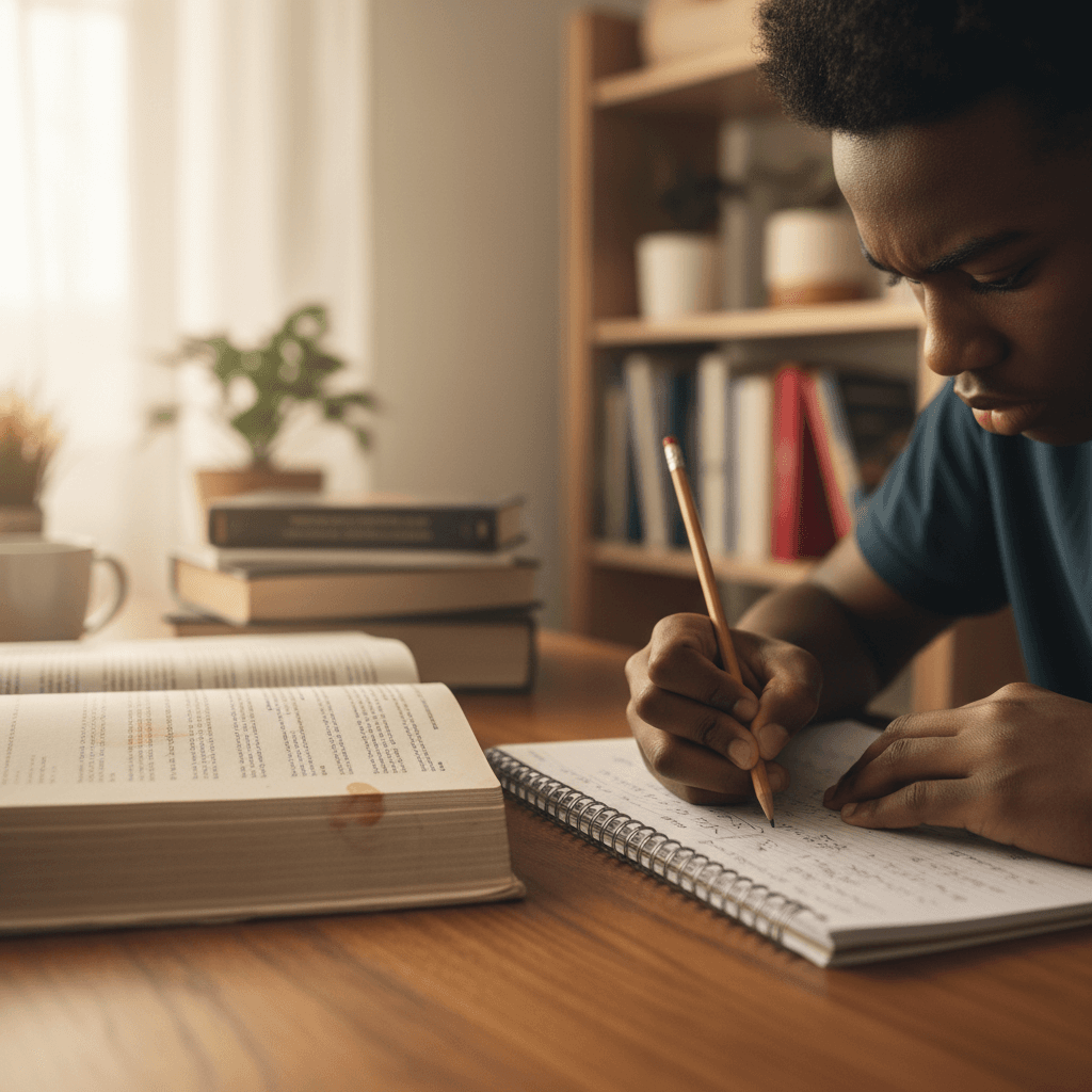 Teenage student in school uniform reading a bursary application form at a wooden desk