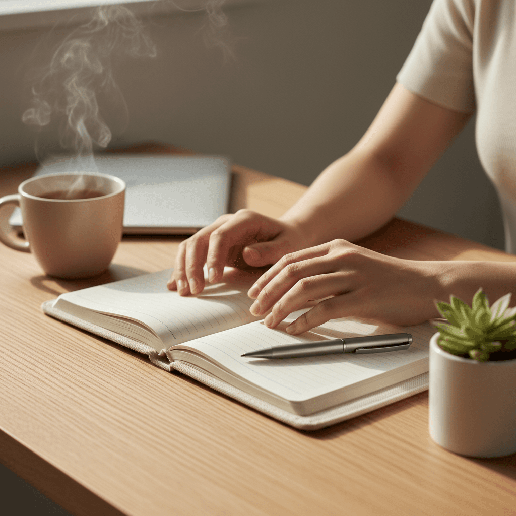 Student studying with educational materials in a bright natural-light space