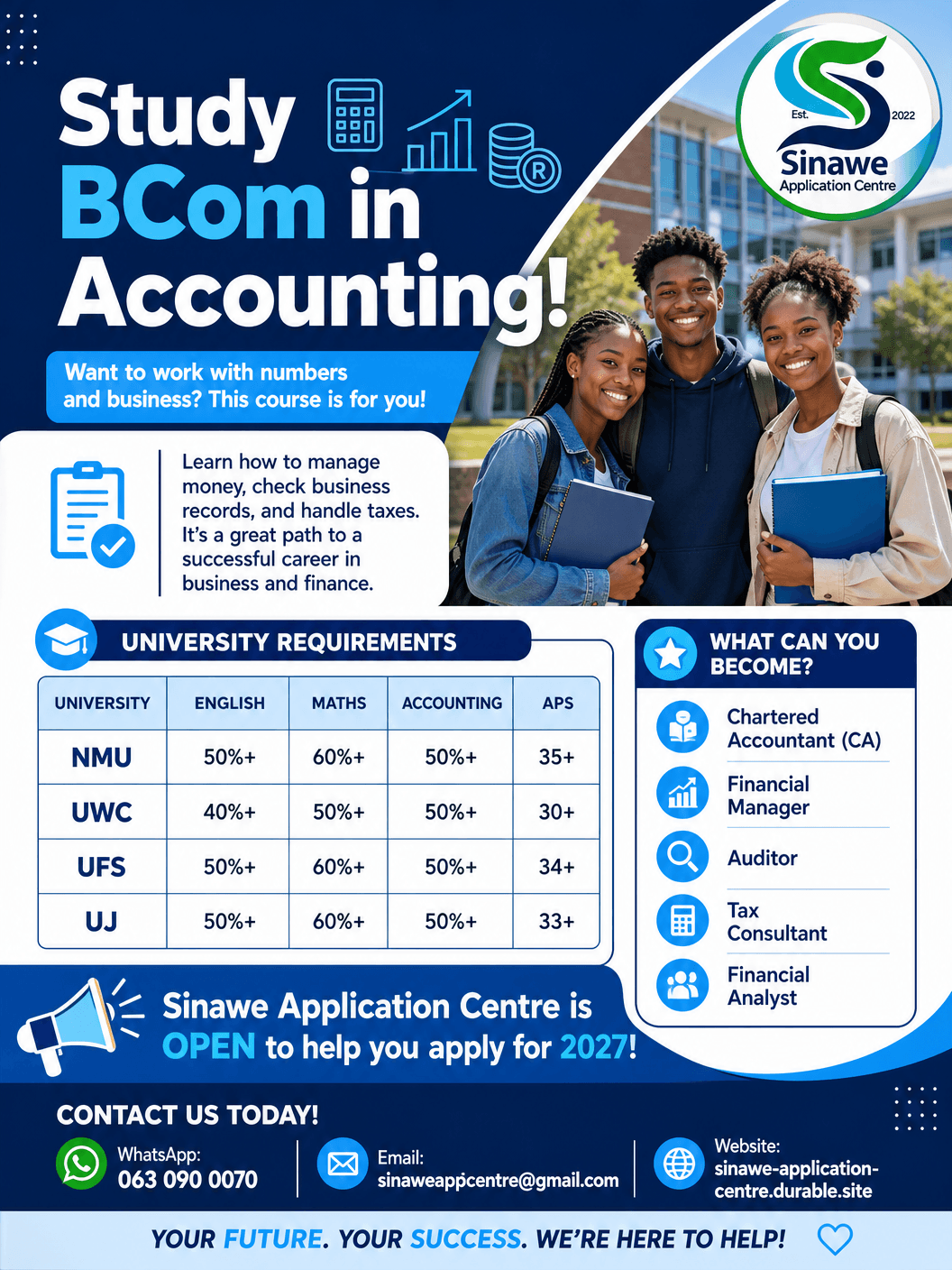 Flyer for BCom in Accounting featuring students, university requirements, career paths, and Sinawe contact info.