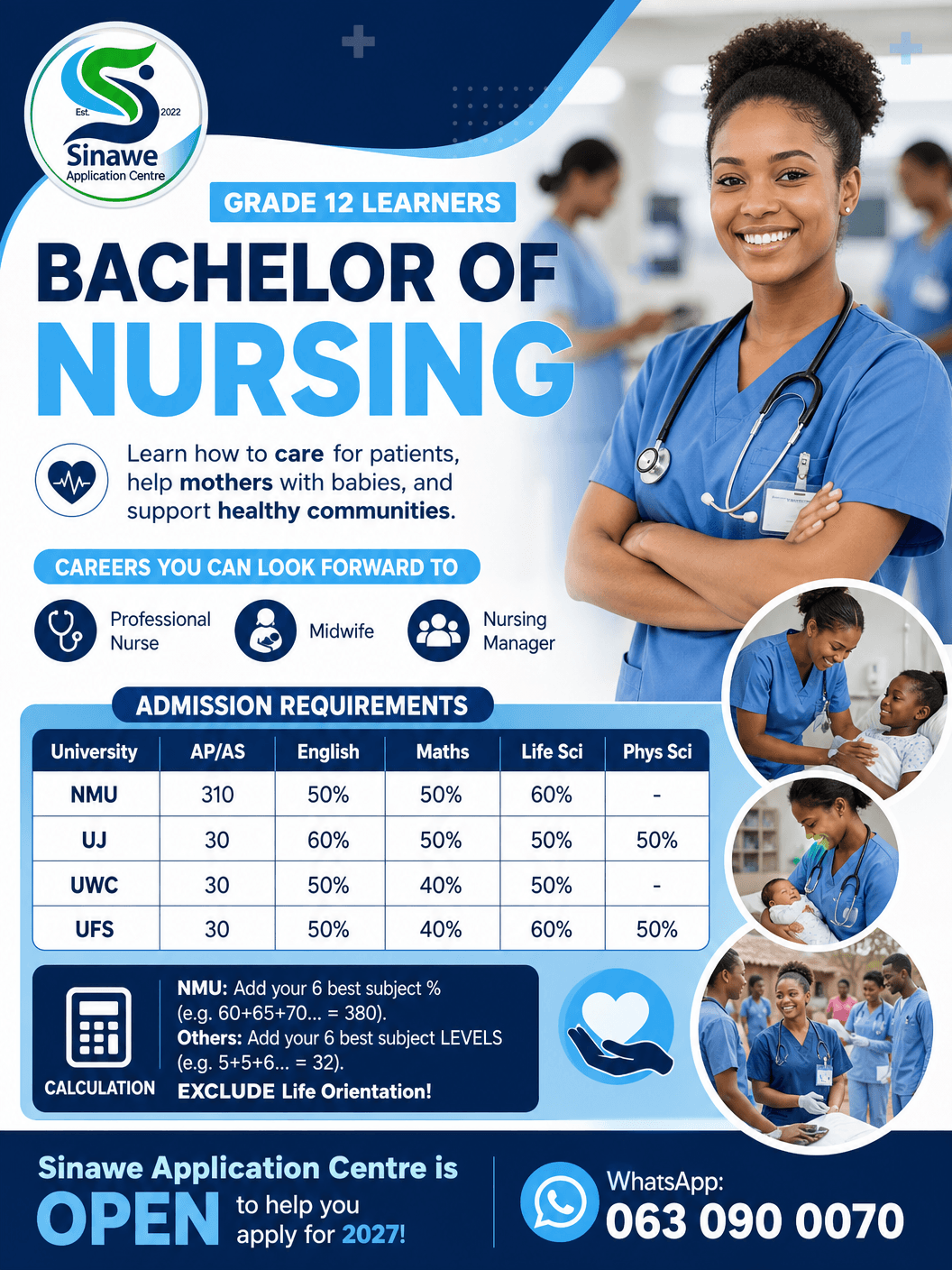 Bachelor of Nursing educational poster featuring a smiling nurse and university admission requirements table.