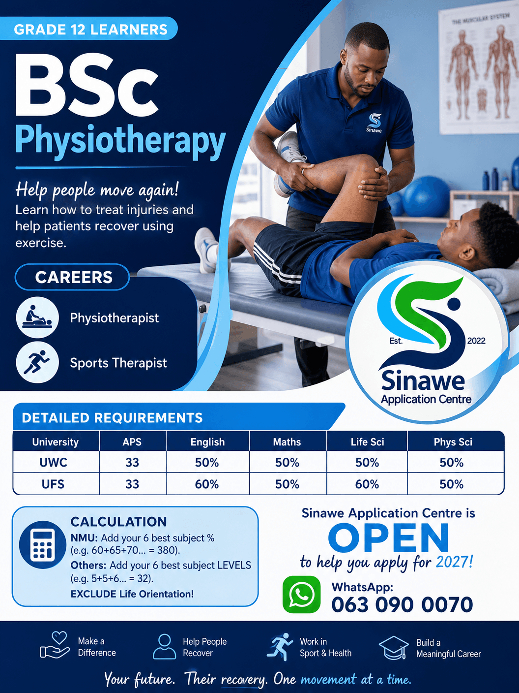 BSc Physiotherapy educational poster showing a therapist assisting a patient with leg rehabilitation exercises.