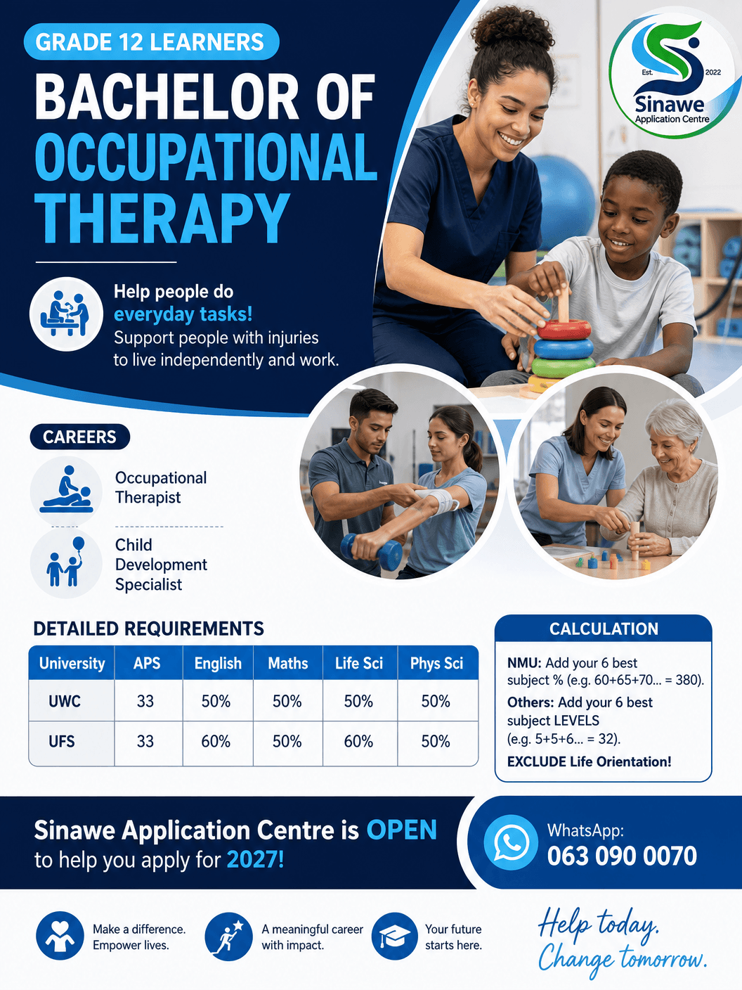 Educational poster for Occupational Therapy degree showing career paths, admission requirements, and therapists helping patients.