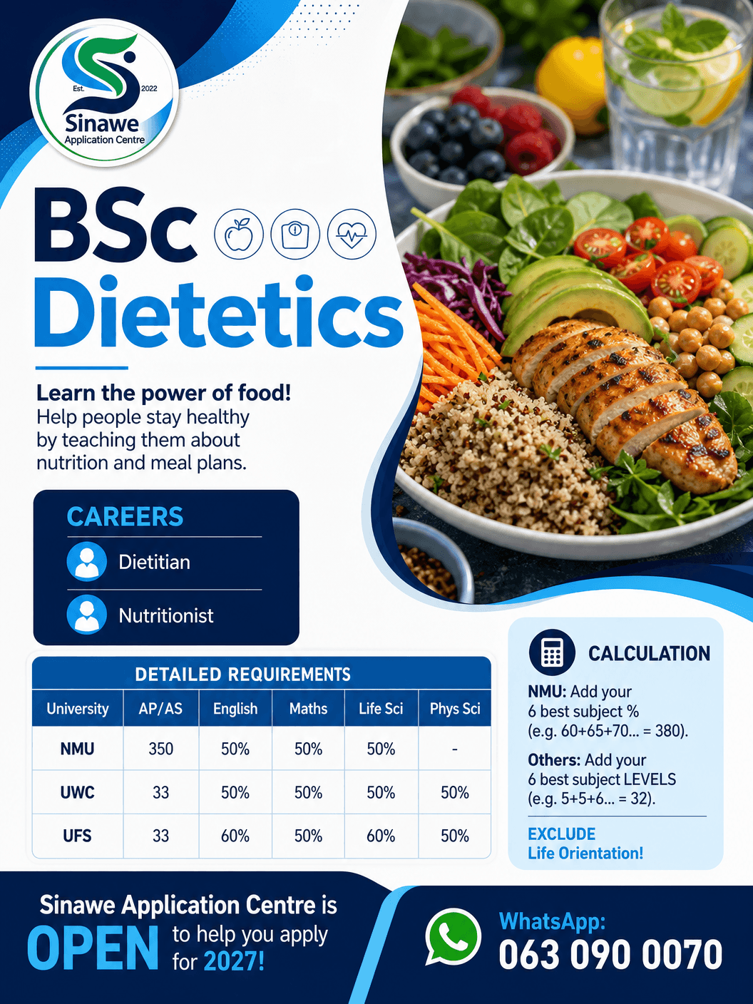 BSc Dietetics flyer detailing university requirements and career paths alongside a healthy meal bowl.
