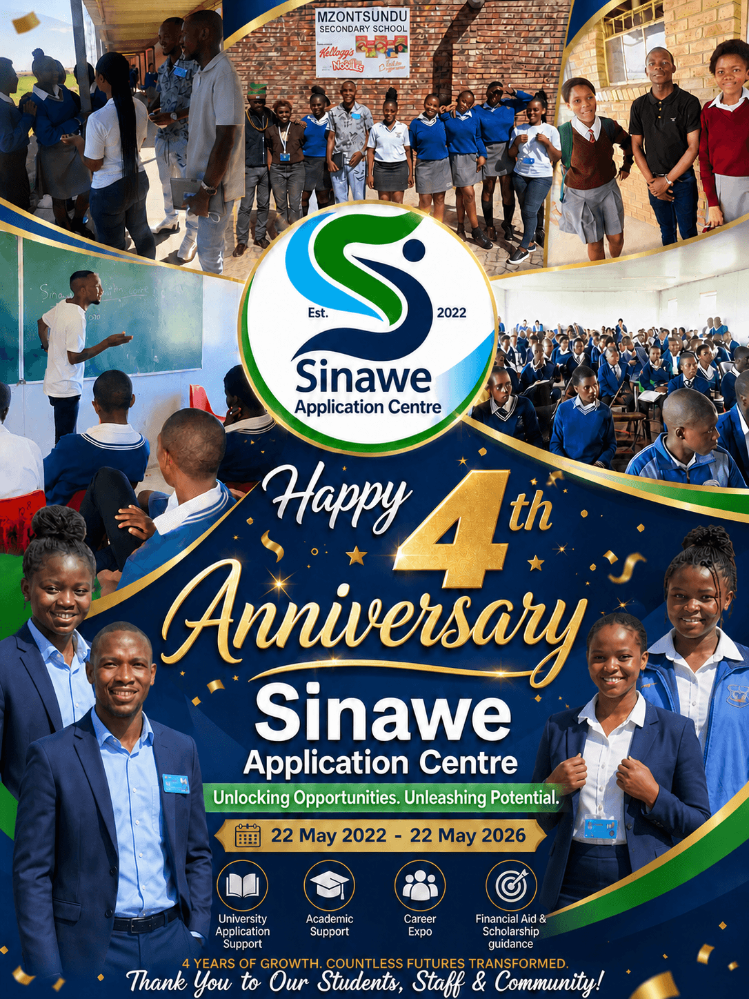 Sinawe Application Centre 4th anniversary poster featuring students, staff, and academic support service icons.