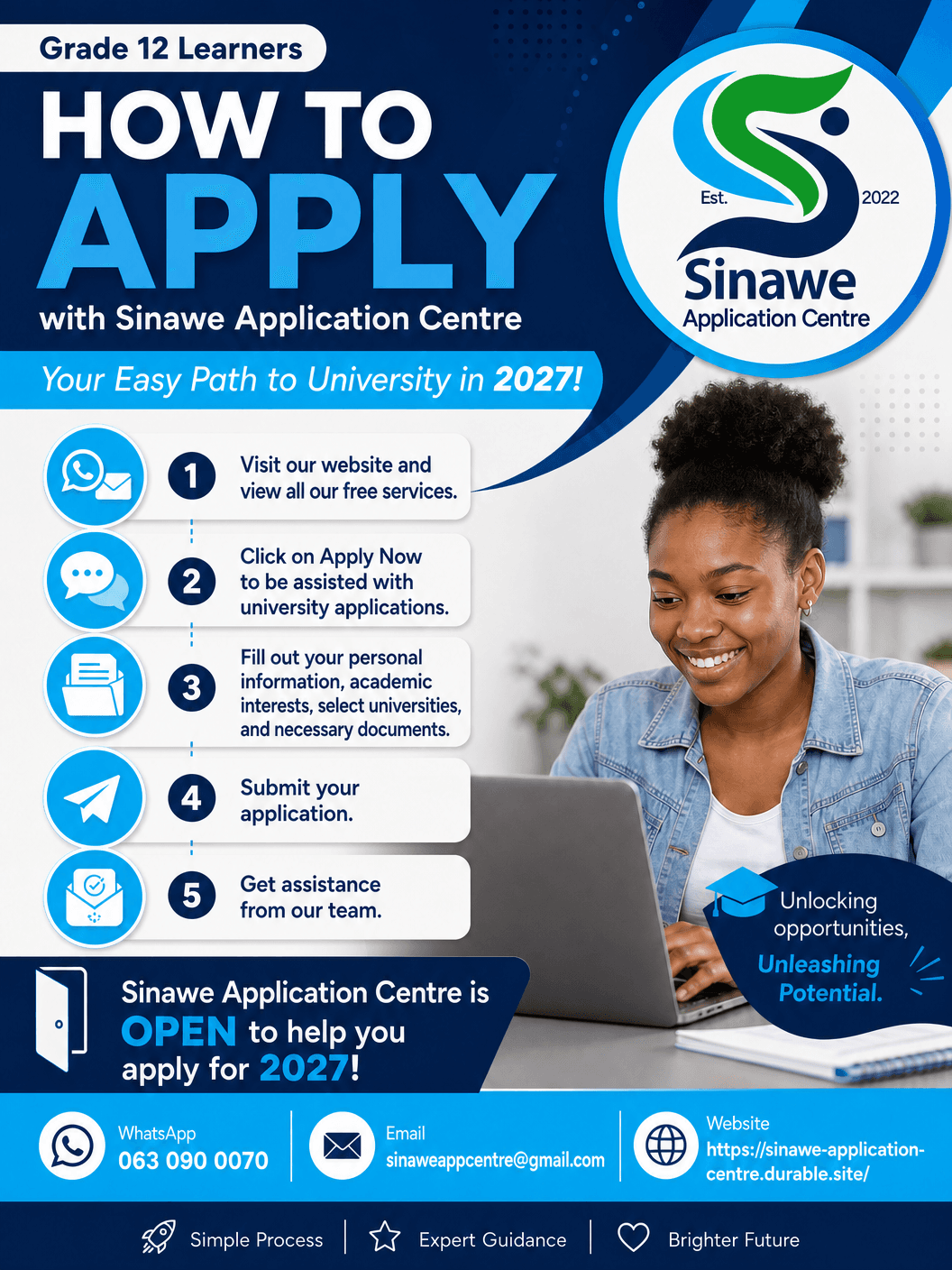 Sinawe Application Centre poster detailing five steps for 2027 university applications with a smiling student.